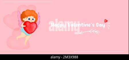 Horizontales Banner für Valentinstag. Süßer Amor mit Pfeilen und Herzen. Poster zum Valentinstag Stock Vektor