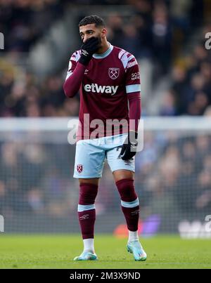 West Ham United's sagt, Benrahma reagiert während eines Freundschaftsspiels im Craven Cottage, London. Foto: Samstag, 17. Dezember 2022. Stockfoto