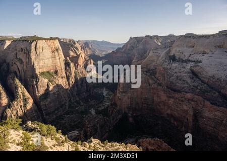 Blick auf den Zion Canyon vom Aussichtspunkt entlang des östlichen Mesa Stockfoto