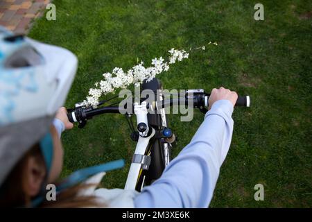 Eine Frau in einem Helm hält das Lenkrad eines Fahrrads, an dem ein blühender Federzweig befestigt ist. Radfahren, Energie der Natur, Entspannung, Freiheit, tr Stockfoto
