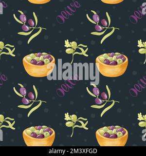 Wasserfarbenes, Nahtloses Olive-Muster. Illustration mit Oliven in einer Holzschüssel und Olivästen. Design für kosmetische Verpackungen. Stockfoto