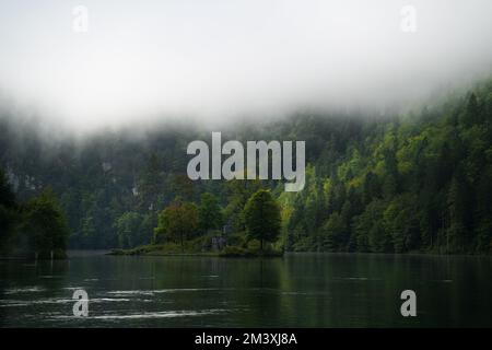 Ein See, umgeben von dichtem grünem Wald bei nebeligem Wetter Stockfoto