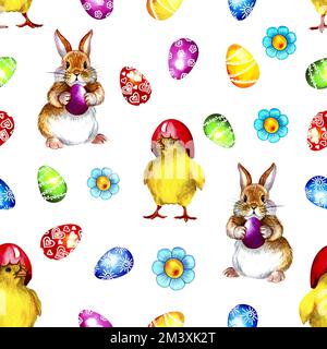 Nahtloses Ostermuster mit Eiern, Küken und Kaninchen. Aquarelldarstellung. Für Textilien, Verpackungen, Dekorationshintergründe, Design usw. Stockfoto