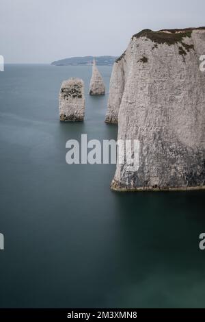 Ein vertikales Bild von den Old Harry Rocks. Insel Purbeck in Dorset, Südengland Stockfoto