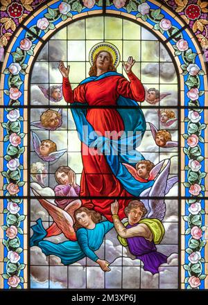 DOMODOSSOLA, ITALIEN - 19. JULI 2022: The Assumption of Virgin Mary on the Buntglas in Church Chiesa dei Santi Gervasio e Protasio by Luigi Fontana Stockfoto