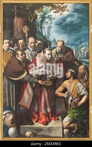 Domodossola - das Gemälde Saint Charles Borromeo gibt Heilige Kommunion während der Pestepidemie in der Kirche Chiesa dei Santi Gervasio e Protasio Stockfoto