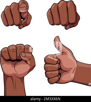 Ein Satz realistischer menschlicher Hände, afrikanischer Abstieg, der verschiedene Gesten und Signale zeigt. Schilder für Web, Poster oder Infografik auf weißem Hintergrund. Stock Vektor