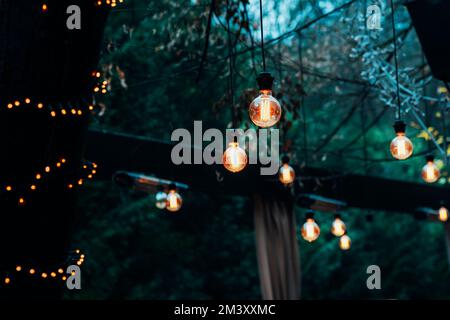 Glühbirnen auf dunkel verschwommenem Hintergrund. Selektiver Fokus. Stockfoto