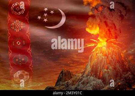 Große Vulkanausbrüche bei Nacht mit Explosion auf dem Hintergrund der turkmenischen Flagge, leiden unter Naturkatastrophen und Vulkanasche - 3D illustr Stockfoto