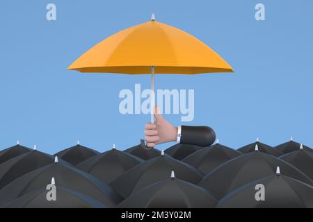 3D. Einzigartigkeit und Individualität. Hand mit einem gelben Regenschirm unter Menschen mit schwarzen Regenschirmen. Stockfoto