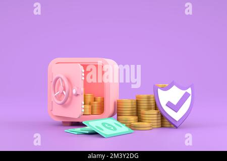 3D. Safe, Münzen und Banknoten für Symbol Business Saving. Stockfoto