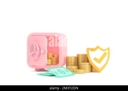 3D. Safe, Münzen und Banknoten für Symbol Business Saving. Stockfoto