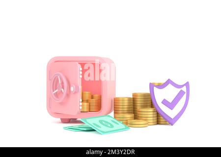 3D. Safe, Münzen und Banknoten für Symbol Business Saving. Stockfoto