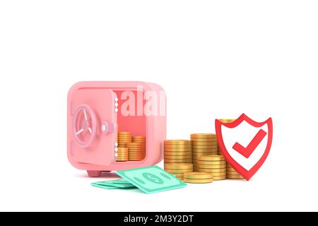 3D. Safe, Münzen und Banknoten für Symbol Business Saving. Stockfoto