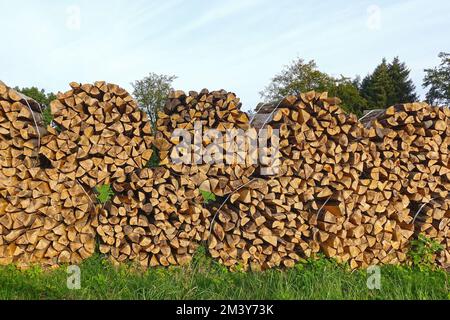 Brennholzbündel auf einer grünen Wiese Stockfoto