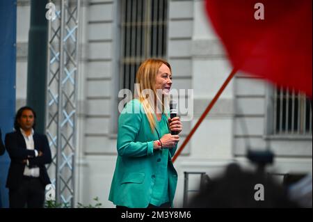 Der Vorsitzende der Partei Fratelli d'Italia, Giorgia Meloni, während der Wahlkundgebung für den bevorstehenden nationalen Wahltag in Turin, Italien, September 13 2022 Stockfoto