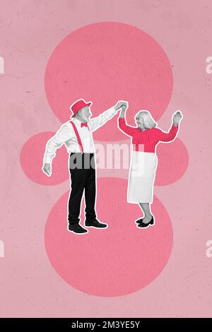 Ein exklusives Magazin Bild einer Collage, auf dem eine alte Dame tanzt, die Spaß miteinander hat, isolierter Malhintergrund Stockfoto