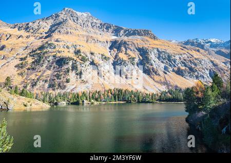 Lake Cavloc (Lägh da Cavloc) im Oktober. Ein See in der Nähe des Maloja-Passes im Val Forno im Kanton Grisons, Schweiz Stockfoto