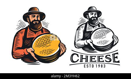 Bauer mit Käsezeichen. Abzeichen oder Logo für Milchwirtschaft, Milchfarm. Bauernhof im Retro-Stil, natürliche Bio-Produkte, Lebensmittel Stock Vektor