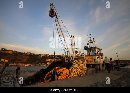 Istanbul, Türkei. 15. September 2012 : die Fischer, die mit dem Sonnenaufgang an der Küste von der Jagd zurückkehren, bringen die Fische an Land, die sie gefangen haben Stockfoto