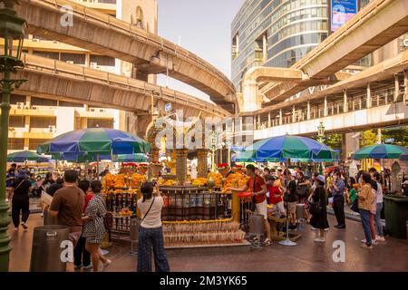 Der Erawan-Schrein in der Stadt Bangkok in Thailand. Thailand, Bangkok, Dezember 2022 Stockfoto