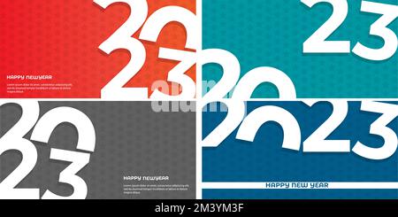 Textdesign „2023 Happy New Year“ festlegen. Symbolsammlung von 2023 Frohes neues Jahr. Grußkarte, Konzept der Neujahrsfeier. Stock Vektor