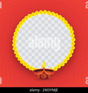 Gelbe Blumengirlande mit großem Kreis und Öllampe auf rotem Hintergrund. Stock Vektor