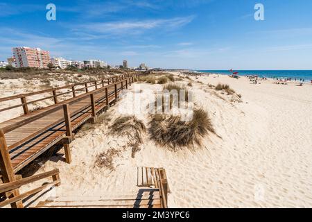 Breiter Sandstrand mit Holzbrücken entlang der Dünen in Monte Gordo, Algarve, Portugal Stockfoto