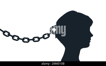 Menschlicher Kopf in Ketten. Eine Frau an eine Wand gekettet. Vektordarstellungs-Konzept über fixe Denkweise und negatives Denken oder Sklaverei. Stock Vektor
