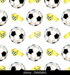 Aquarell-Darstellung eines Musters eines Fußballballs und der Schiedspfeife. Sportsymbol. Fußball-Weltmeisterschaft. Spiel, Spiel, Wettkampf. Isoliert auf Lager Stockfoto