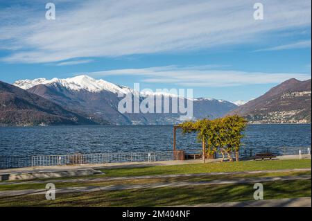 Der wunderschöne Parco a Lago in Luino mit den schneebedeckten Bergen im Hintergrund Stockfoto