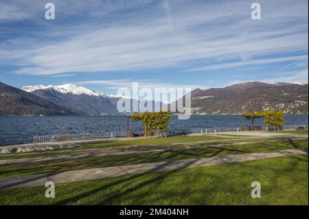 Der wunderschöne Parco a Lago in Luino mit den schneebedeckten Bergen im Hintergrund Stockfoto