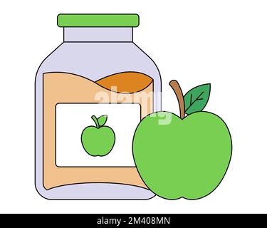 apfelmarmelade in einem Glas mit grünen Äpfeln. Abbildung eines flachen Vektors Stock Vektor