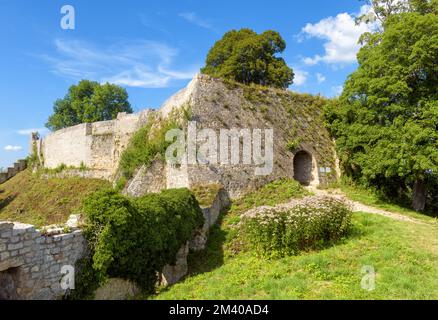 Schloss Hohenurach in Bad Urach bei Stuttgart. Landschaft mit Bergwald, Himmel und Festungsmauern, die von Efeu überwuchert sind. Alte deutsche Burgruinen Stockfoto