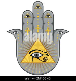 Hamsa-Symbol-Vektordesign mit ägyptischem Auge des horus, Hand des fatima-Symbols Stock Vektor