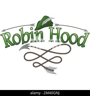 Vektordesign eines mittelalterlichen Archer-Mützs mit Federn, Illustration eines Robin-Hood-Mützs mit gebogenen Pfeilen Stock Vektor