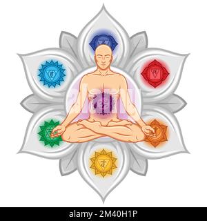 Vektordesign des Menschen beim Meditieren in Lotusblütenposition mit Chakra-Symbol Stock Vektor