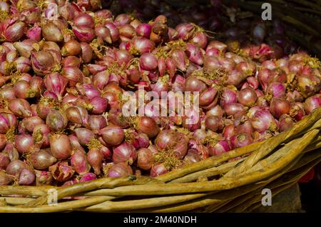 Korb voller Zwiebeln auf dem lokalen Markt in den Straßen Stockfoto