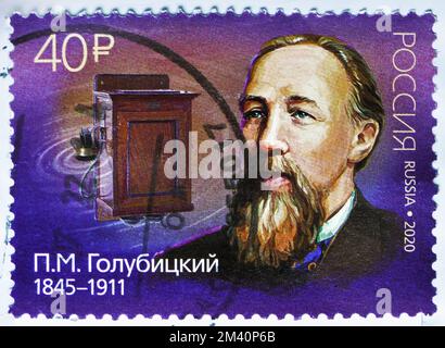 MOSKAU, RUSSLAND - 29. OKTOBER 2022: In Russland gedruckte Briefmarken zeigen den 175.. Geburtstag von Pawel M. Golubitsky (1845-1911), Serie, um 2020 Stockfoto