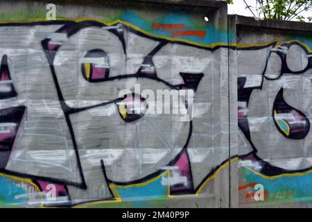 Graffiti-Wort ASTOR, gezeichnet von einem Schoßhund in kräftigen grauen, weißen Buchstaben mit einer interessanten, scharfen Form. Grafisches Design auf chaotische Weise. Stockfoto