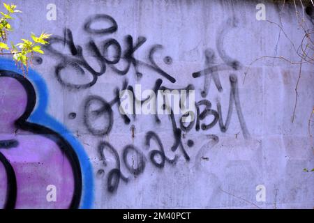 Graffiti-Wort SKGK, gezeichnet von einem Schoßhund in pinkfarbenen, blauen, schwarzen Buchstaben mit einer gürtelform. Grafisches Design, das auf chaotische Art und Weise hergestellt wurde, wenn es um eine Farbe ging. Stockfoto