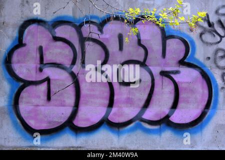 Graffiti-Wort SKGK, gezeichnet von einem Lapdog in rosa, blauen, schwarzen Buchstaben mit einer fanny-Form. Das grafische Design ist chaotisch, wenn eine Farbe gewaschen werden kann. Stockfoto