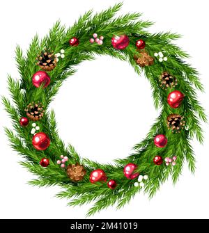 Weihnachtskranz mit grünen Tannenästen, roten Weihnachtsbällen und Pinienzapfen. Gestaltung der Gruß- oder Einladungskarte. Vektordarstellung Stock Vektor