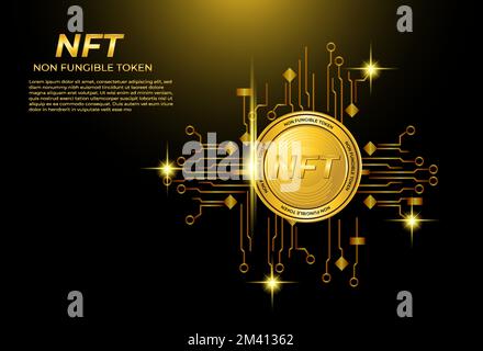 Ein goldenes, nicht fungible Token NFT auf schwarzem Hintergrund mit bearbeitbarem Text Stock Vektor