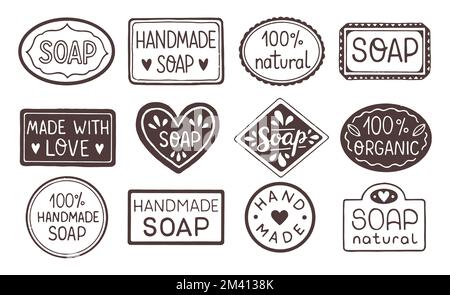 Handgezogene Etiketten für handgemachte Seifenstücke. Handgefertigter Seifenstempel. Gruppe von Vektorvorlagen für alle Arten von SOAP-Design Stock Vektor