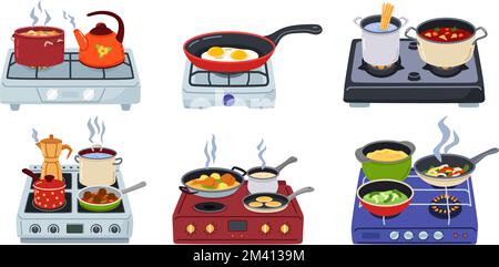 Kochutensilien auf Herden. Speisen auf einem elektrischen Kochfeld in der Küche, Pfannen und Töpfen auf einem Gasherd Cartoon-Vektorset Stock Vektor