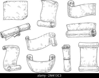 Scrollen Sie die Papierskizze. Vintage-Notizbuch, alte Manuskript-Gravur und handgezeichnetes Pergament-Seitenvektorset Stock Vektor