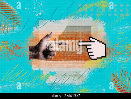 Kreative menschliche Handcollage und Pixel Fingerpointer Stockfoto
