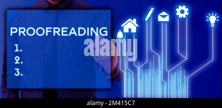 Textbeschriftung zur Darstellung des Korrekturlesens. Geschäftsidee: Lesen und Markieren von Rechtschreibfehlern, Grammatik- und Syntaxfehlern Stockfoto