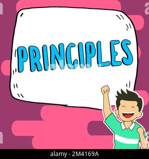 Schilder, die Prinzipien zeigen. Konzeptionelle, fotografische, grundlegende Wahrheit, die als Grundlage für ein Glaubenssystem dient Stockfoto